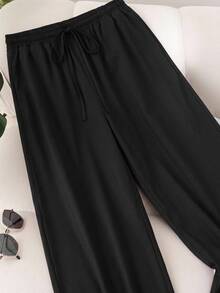 CosyJoli Plus Contrast Lace Drawstring Waist Wide Leg Pants - Black - View 3