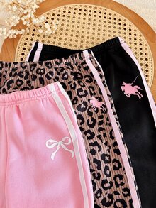 LMoss Kids 女嬰針織純色豹紋修身休閒褲 3 件套，適合秋冬，多件組合，織帶拼接，時尚舒適，抓絨內裡 - 彩色 - 查看 4