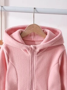 SHEIN 青少年女孩天鵝絨連帽運動套裝（拉鍊外套與喇叭褲），長袖，秋季穿搭，粉色天鵝絨/抓絨面料 - 粉色 - 查看 5
