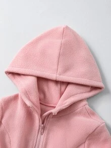 SHEIN 青少年女孩天鵝絨連帽運動套裝（拉鍊外套與喇叭褲），長袖，秋季穿搭，粉色天鵝絨/抓絨面料 - 粉色 - 查看 4
