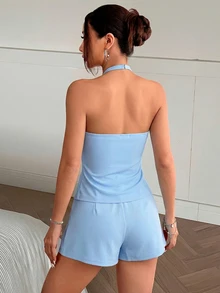 CovetEZ Women's Casual Solid Color Knit Turtleneck Top And Low-Waist Skort Set, Light Blue, 2 Pieces Set, Spring/Summer - Baby Blue - View 2