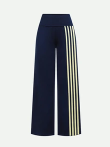 SHEIN Tween Girls Casual Loose Colorblock Striped Long Pants - Navy Blue - View 2
