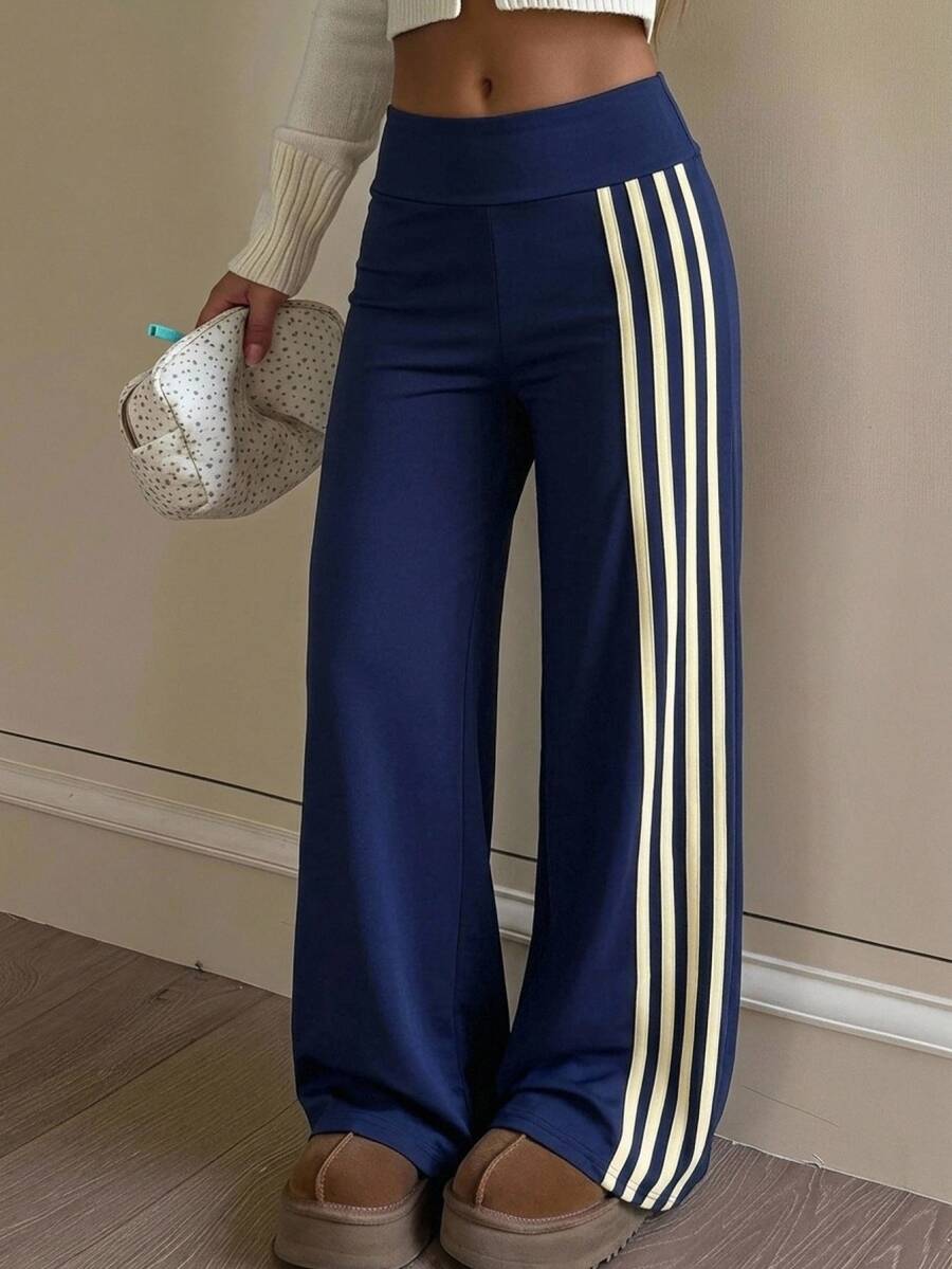 SHEIN Tween Girls Casual Loose Colorblock Striped Long Pants - Navy Blue - View 1