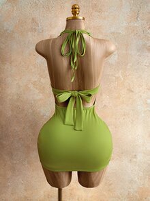 Mistrie 女士纯色深V领露背性感吊带连衣裙 - 綠色 - 查看 4