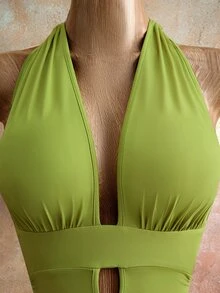 Mistrie 女士纯色深V领露背性感吊带连衣裙 - 綠色 - 查看 6