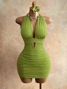 Mistrie 女士纯色深V领露背性感吊带连衣裙 - 綠色 - 查看 3