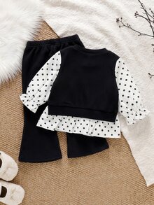 SHEIN 新生兒長袖套裝，經典黑白波點女嬰2件套，假領上衣、羅紋喇叭褲，修身版型，可愛趣味洗禮嬰兒房秋季款 - 黑色 - 查看 2