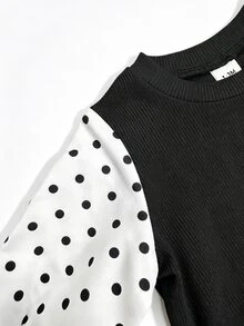 SHEIN 新生兒長袖套裝，經典黑白波點女嬰2件套，假領上衣、羅紋喇叭褲，修身版型，可愛趣味洗禮嬰兒房秋季款 - 黑色 - 查看 7
