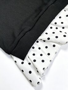 SHEIN 新生兒長袖套裝，經典黑白波點女嬰2件套，假領上衣、羅紋喇叭褲，修身版型，可愛趣味洗禮嬰兒房秋季款 - 黑色 - 查看 8