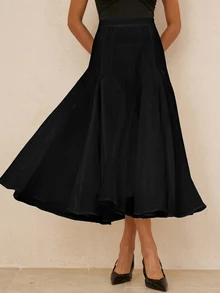 BELROSIE Rok dengan Desain Hem Longgar Berbahan Kain Tekstur Elegan Gaya Prancis untuk Wanita, Cocok untuk Kencan & Liburan - Hitam - View 6