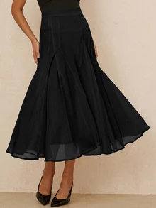 BELROSIE Rok dengan Desain Hem Longgar Berbahan Kain Tekstur Elegan Gaya Prancis untuk Wanita, Cocok untuk Kencan & Liburan - Hitam - View 4