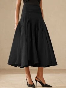 BELROSIE Rok dengan Desain Hem Longgar Berbahan Kain Tekstur Elegan Gaya Prancis untuk Wanita, Cocok untuk Kencan & Liburan - Hitam - View 8