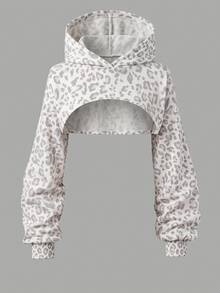 SHEIN Tween Girl Tween Girl Tween Girl Tween Girls Tween Girl Casual Daily Cropped Textured White Leopard Print Long Sleeve Autumn Sweatshirt, Streetwear - Multicolor - View 3