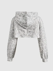 SHEIN Tween Girl Tween Girl Tween Girl Tween Girls Tween Girl Casual Daily Cropped Textured White Leopard Print Long Sleeve Autumn Sweatshirt, Streetwear - Multicolor - View 4