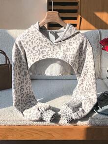 SHEIN Tween Girl Tween Girl Tween Girl Tween Girls Tween Girl Casual Daily Cropped Textured White Leopard Print Long Sleeve Autumn Sweatshirt, Streetwear - Multicolor - View 1