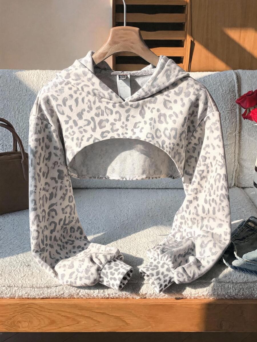 SHEIN Tween Girl Tween Girl Tween Girl Tween Girls Tween Girl Casual Daily Cropped Textured White Leopard Print Long Sleeve Autumn Sweatshirt, Streetwear - Multicolor - View 1