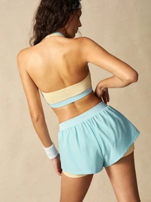 VARSIVA Women's Minimalist Modest Athleisure 2 In 1 Halter Tank Top And Double-Layer Pocket Contrast Color Shorts Sports Set Gym Workout Light Blue Summer - Multicolor - View 7
