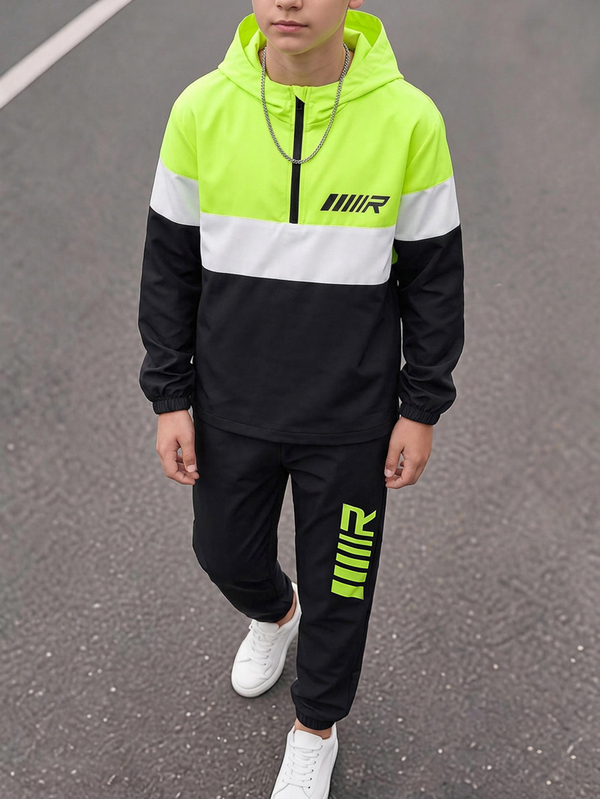2pcs Kids Teen Boy Casual Daily Comfortable Colorblock Patchwork Hooded Half-Zip Pullover Loose Long Sleeve Jacket And Loose Jogger Pants Woven Two Pieces Set Suitable For Commuting, School, Daily Casual, Vacation, Travel, Sports, Party, Spring And Summer