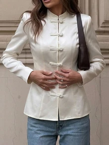 Siren Gaze Summer Women Elegant Cream White Blazer Napoleon/ Car Coat Breakout Frog Clasp Mandarin Funnel Neck Y2k Teachers' Day Office - Light Yellow - View 7