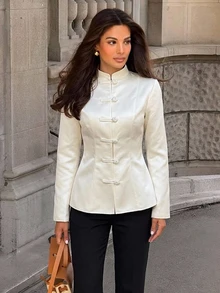 Siren Gaze Summer Women Elegant Cream White Blazer Napoleon/ Car Coat Breakout Frog Clasp Mandarin Funnel Neck Y2k Teachers' Day Office - Light Yellow - View 10