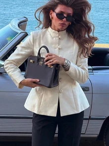 Siren Gaze Summer Women Elegant Cream White Blazer Napoleon/ Car Coat Breakout Frog Clasp Mandarin Funnel Neck Y2k Teachers' Day Office - Light Yellow - View 6