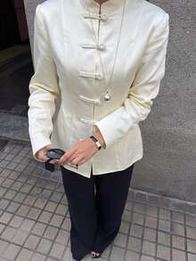Siren Gaze Summer Women Elegant Cream White Blazer Napoleon/ Car Coat Breakout Frog Clasp Mandarin Funnel Neck Y2k Teachers' Day Office - Light Yellow - View 3