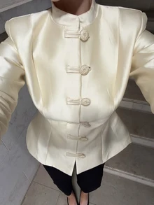Siren Gaze Summer Women Elegant Cream White Blazer Napoleon/ Car Coat Breakout Frog Clasp Mandarin Funnel Neck Y2k Teachers' Day Office - Light Yellow - View 5