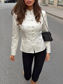 Siren Gaze Summer Women Elegant Cream White Blazer Napoleon/ Car Coat Breakout Frog Clasp Mandarin Funnel Neck Y2k Teachers' Day Office - Light Yellow - View 8