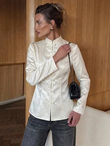 Siren Gaze Summer Women Elegant Cream White Blazer Napoleon/ Car Coat Breakout Frog Clasp Mandarin Funnel Neck Y2k Teachers' Day Office - Light Yellow - View 1