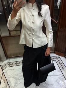 Siren Gaze Summer Women Elegant Cream White Blazer Napoleon/ Car Coat Breakout Frog Clasp Mandarin Funnel Neck Y2k Teachers' Day Office - Light Yellow - View 9