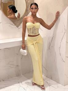 Slaydiva Summer New Halter Crop Top And Long Skirt 2 Pieces Set, Lace Apricot Color, Suitable For Vacation, Party, Birthday, Beach - Apricot - View 5