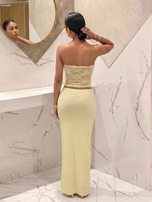 Slaydiva Summer New Halter Crop Top And Long Skirt 2 Pieces Set, Lace Apricot Color, Suitable For Vacation, Party, Birthday, Beach - Apricot - View 3