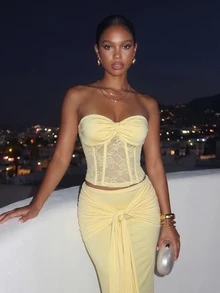 Slaydiva Summer New Halter Crop Top And Long Skirt 2 Pieces Set, Lace Apricot Color, Suitable For Vacation, Party, Birthday, Beach - Apricot - View 10