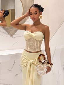Slaydiva Summer New Halter Crop Top And Long Skirt 2 Pieces Set, Lace Apricot Color, Suitable For Vacation, Party, Birthday, Beach - Apricot - View 8
