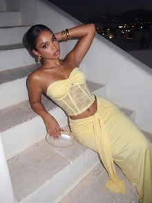 Slaydiva Summer New Halter Crop Top And Long Skirt 2 Pieces Set, Lace Apricot Color, Suitable For Vacation, Party, Birthday, Beach - Apricot - View 9