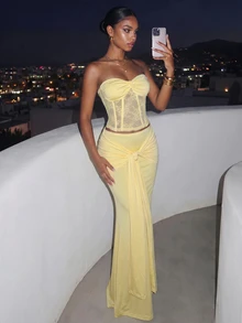 Slaydiva Summer New Halter Crop Top And Long Skirt 2 Pieces Set, Lace Apricot Color, Suitable For Vacation, Party, Birthday, Beach - Apricot - View 11