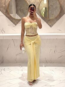 Slaydiva Summer New Halter Crop Top And Long Skirt 2 Pieces Set, Lace Apricot Color, Suitable For Vacation, Party, Birthday, Beach - Apricot - View 12