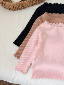SHEIN Vintaside Kids 女嬰 3件組多色羅紋針織修身長袖T恤，可愛荷葉邊設計，適合秋冬日常休閒穿著 - 彩色 - 查看 4