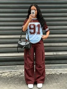 SHEIN 青少年休閒街頭風數位印花T恤+工裝褲2件套，舒適版型方便活動，時尚街頭元素，適合校園通勤、週末出遊、日常穿著及春季多場景穿搭 - 彩色 - 查看 1