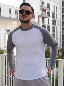 LEOGASHI LEOGASHI Sonbahar İçin Erkek Renkli Blok Raglan Kollu Tişört - Açık gri - Görünüm 1