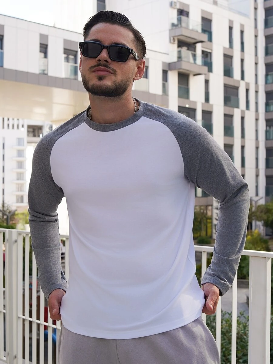LEOGASHI LEOGASHI Sonbahar İçin Erkek Renkli Blok Raglan Kollu Tişört - Açık gri - Görünüm 1