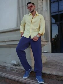LEOGASHI LEOGASHI Men's Simple Blue And White Striped Woven Shirt - Yellow - View 3