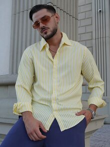 LEOGASHI LEOGASHI Men's Simple Blue And White Striped Woven Shirt - Yellow - View 1