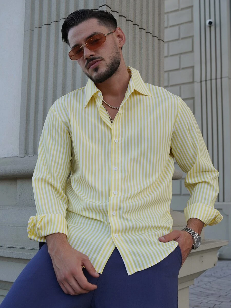 LEOGASHI LEOGASHI Men's Simple Blue And White Striped Woven Shirt - Yellow - View 1
