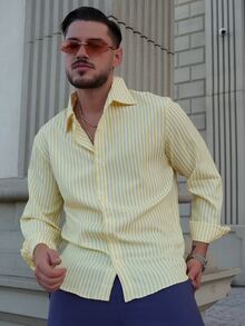 LEOGASHI LEOGASHI Men's Simple Blue And White Striped Woven Shirt - Yellow - View 4