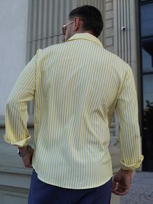 LEOGASHI LEOGASHI Men's Simple Blue And White Striped Woven Shirt - Yellow - View 2