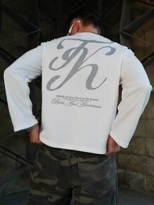 LEOGASHI LEOGASHI Men's Comfortable Letter Graphic Round Neck Long Sleeve Short T-Shirt, Autumn - White - View 2