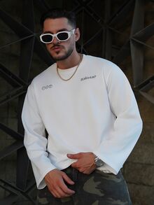 LEOGASHI LEOGASHI Men's Comfortable Letter Graphic Round Neck Long Sleeve Short T-Shirt, Autumn - White - View 4