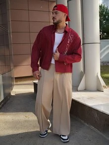 LEOGASHI LEOGASHI Men's Casual Solid Color Wide Leg Pants, Fall - Khaki - View 1