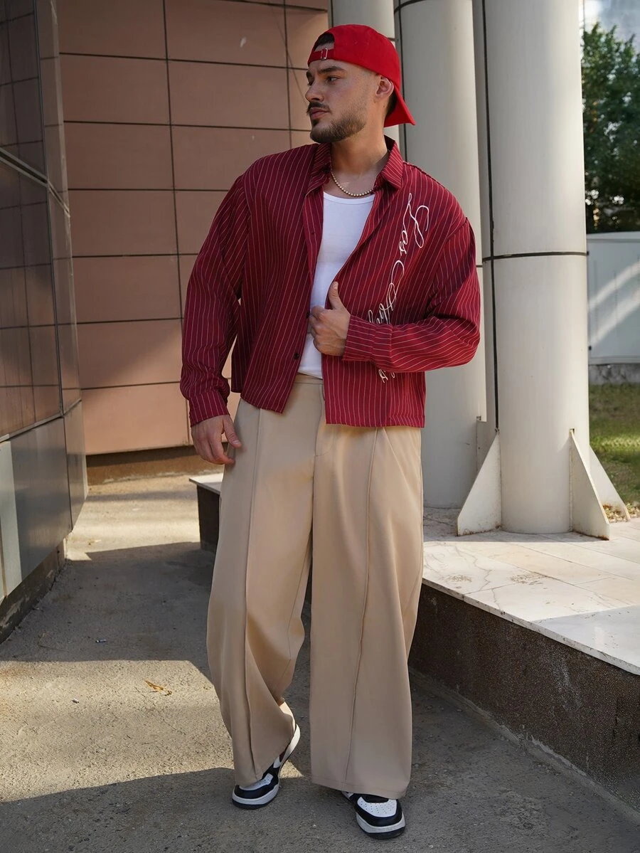 LEOGASHI LEOGASHI Men's Casual Solid Color Wide Leg Pants, Fall - Khaki - View 1